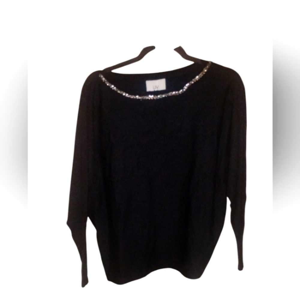 Liv Milano Black Sweater Stone Embellishments Detail Holiday SZ L NWT